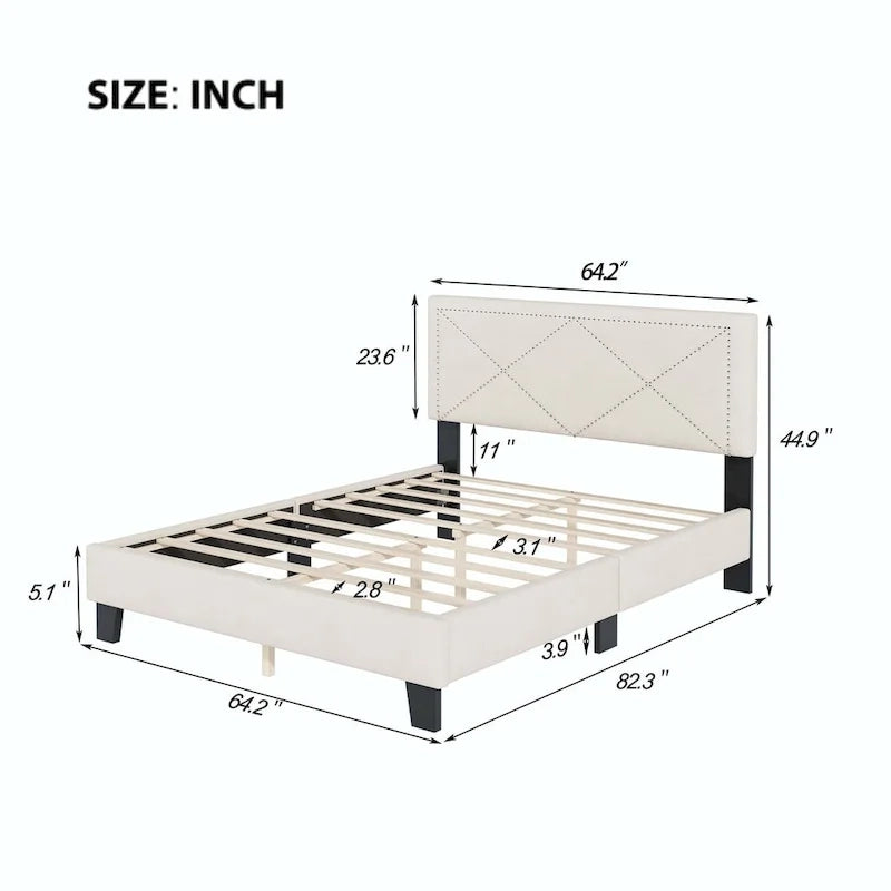Queen Size Upholstered Bed Frame with Rivet Design