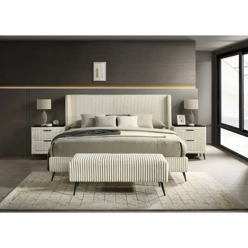 Roundhill Furniture Mavela Wide Wale Corduroy Upholstery Panel Bed with 2 Nightstands and Bench, Cream