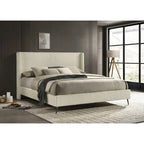 Roundhill Furniture Mavela Wide Wale Corduroy Upholstery Panel Bed with 2 Nightstands and Bench, Cream