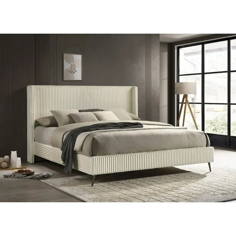 Roundhill Furniture Mavela Wide Wale Corduroy Upholstery Panel Bed with 2 Nightstands and Bench, Cream