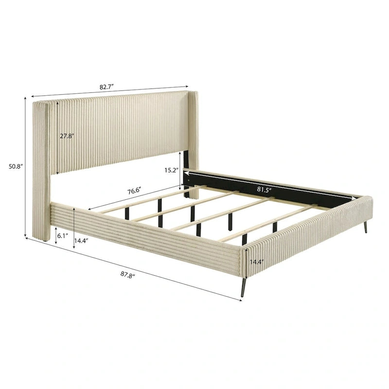 Roundhill Furniture Mavela Wide Wale Corduroy Upholstery Panel Bed with 2 Nightstands and Bench, Cream