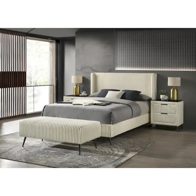 Roundhill Furniture Mavela Wide Wale Corduroy Upholstery Panel Bed with 2 Nightstands and Bench, Cream