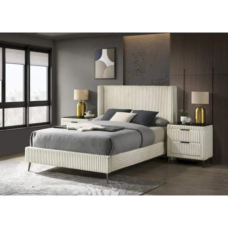 Roundhill Furniture Mavela Wide Wale Corduroy Upholstery Panel Bed with 2 Nightstands and Bench, Cream