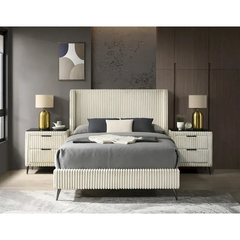 Roundhill Furniture Mavela Wide Wale Corduroy Upholstery Panel Bed with 2 Nightstands and Bench, Cream