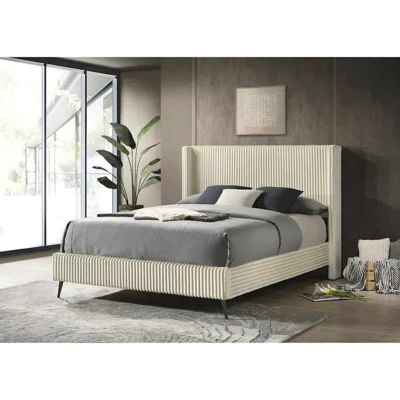 Roundhill Furniture Mavela Wide Wale Corduroy Upholstery Panel Bed with 2 Nightstands and Bench, Cream