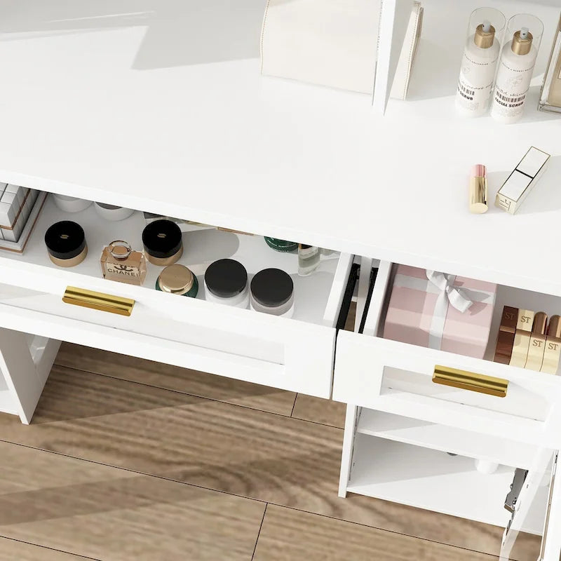 Vanity Table with Adjustable LED Lights, Tri-Fold Mirrors, and Drawers