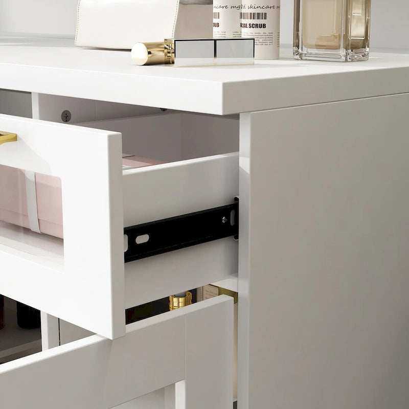 Vanity Table with Adjustable LED Lights, Tri-Fold Mirrors, and Drawers