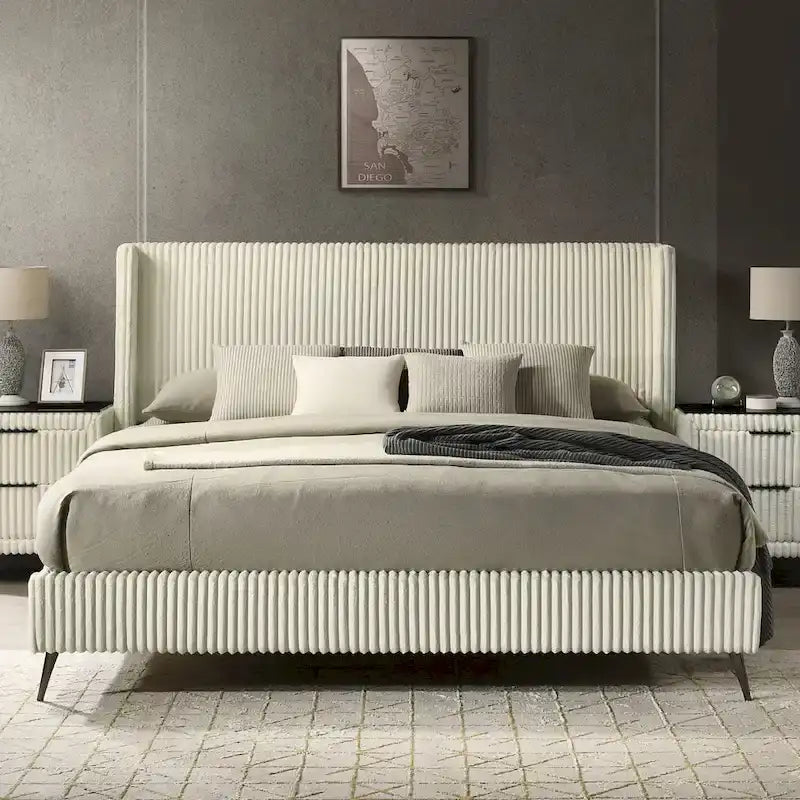 Roundhill Furniture Mavela Wide Wale Corduroy Upholstery Panel Bed with 2 Nightstands, Cream
