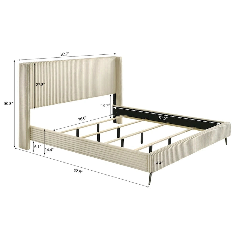 Roundhill Furniture Mavela Wide Wale Corduroy Upholstery Panel Bed with 2 Nightstands, Cream