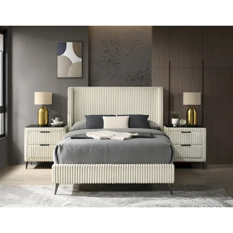 Roundhill Furniture Mavela Wide Wale Corduroy Upholstery Panel Bed with 2 Nightstands, Cream