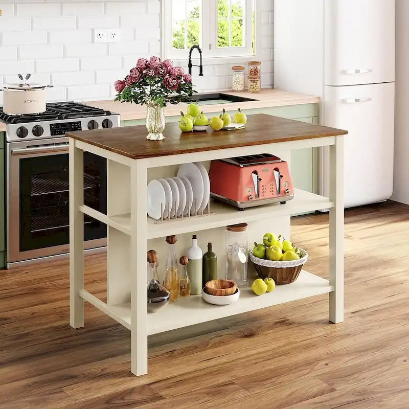 Farmhouse Solid Wood 45 Fixed Kitchen Island with 2 Open Shelves