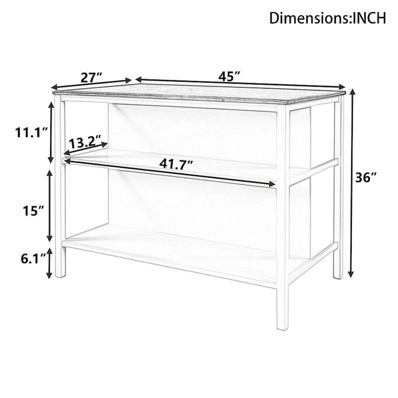 Farmhouse Solid Wood 45 Fixed Kitchen Island with 2 Open Shelves