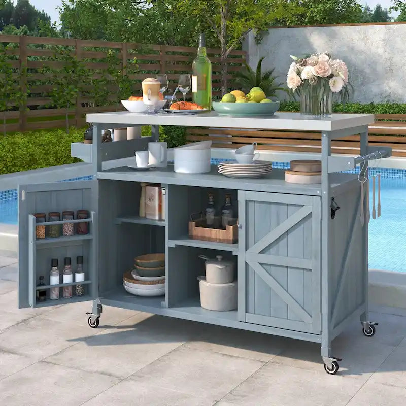 Outdoor kitchen island with rolling cart and stainless steel top