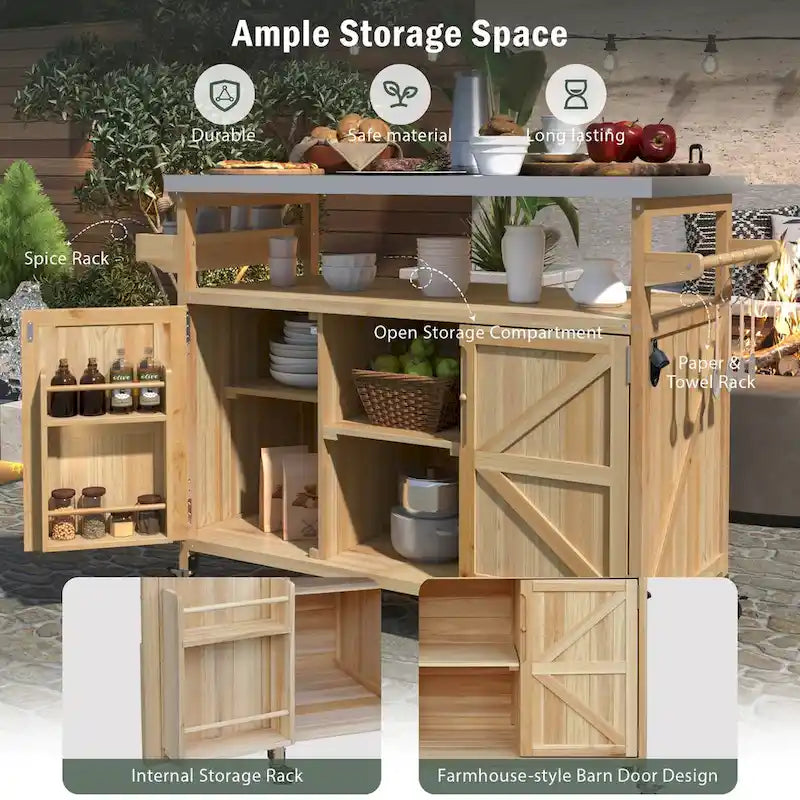 Outdoor kitchen island with rolling cart and stainless steel top