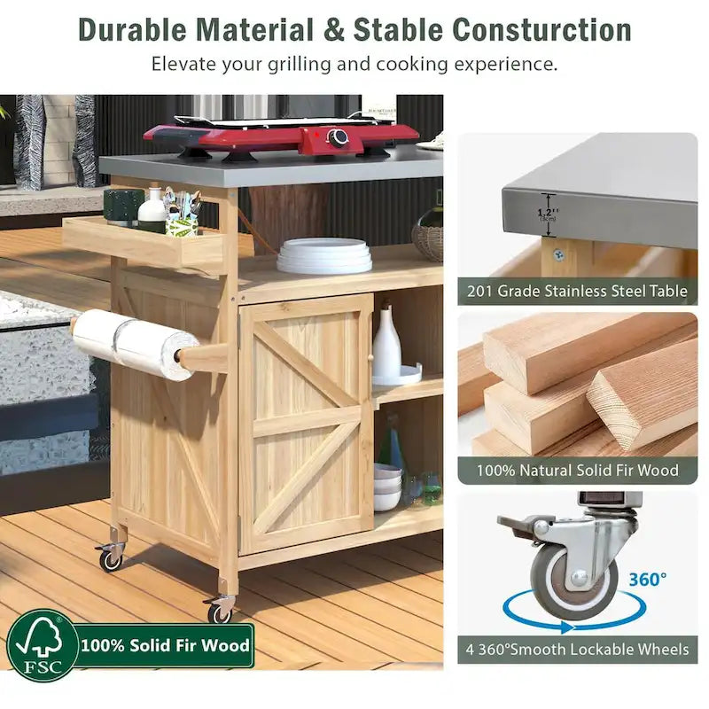 Outdoor kitchen island with rolling cart and stainless steel top