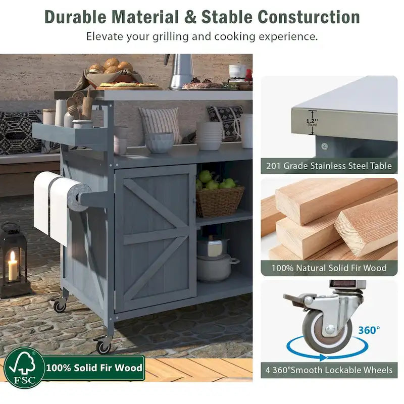 Outdoor kitchen island with rolling cart and stainless steel top