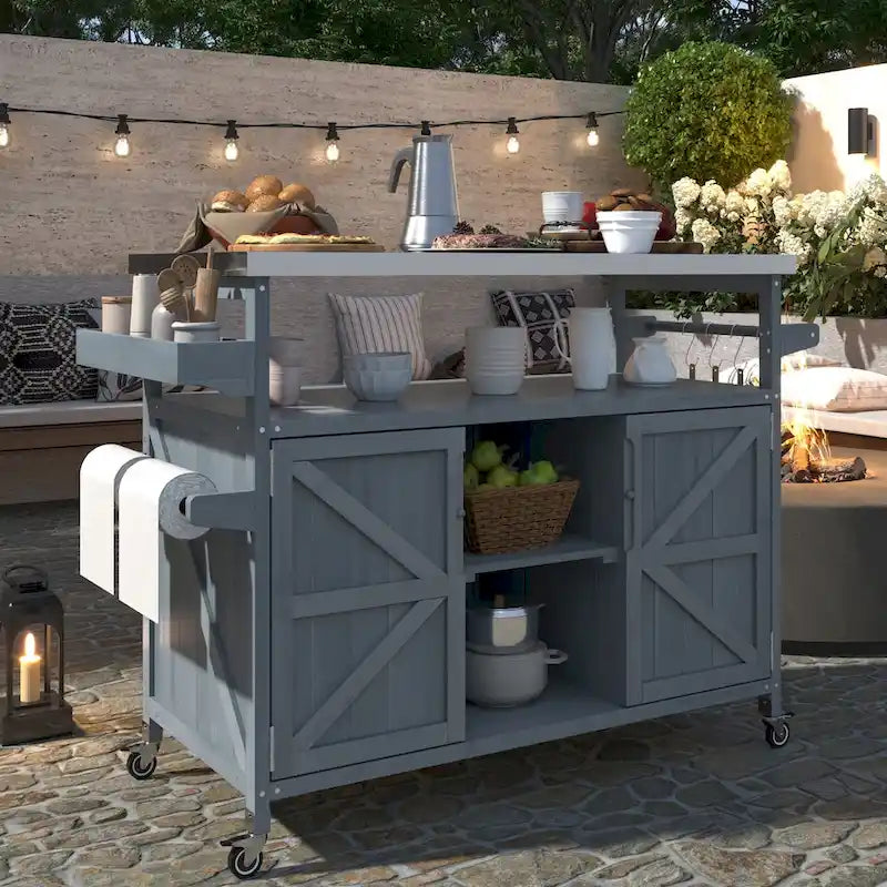 Outdoor kitchen island with rolling cart and stainless steel top