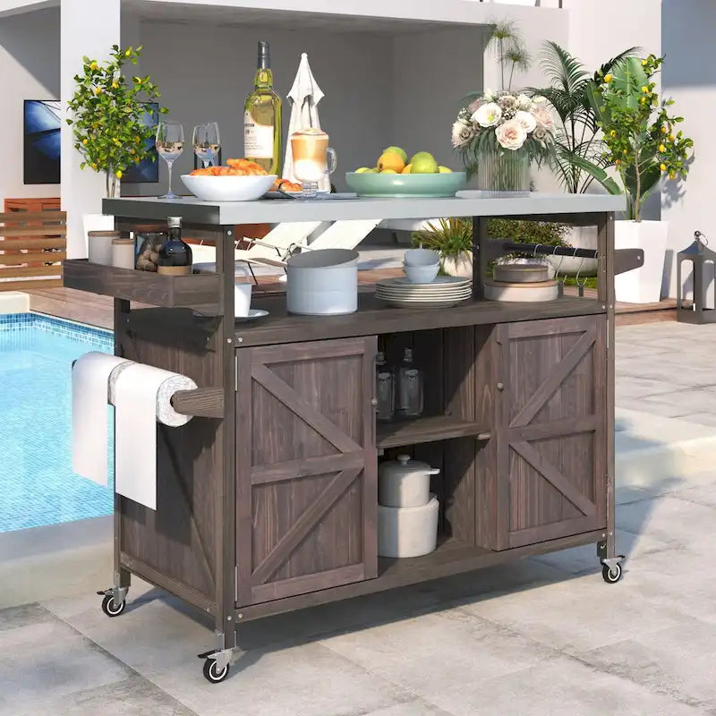 Outdoor kitchen island with rolling cart and stainless steel top