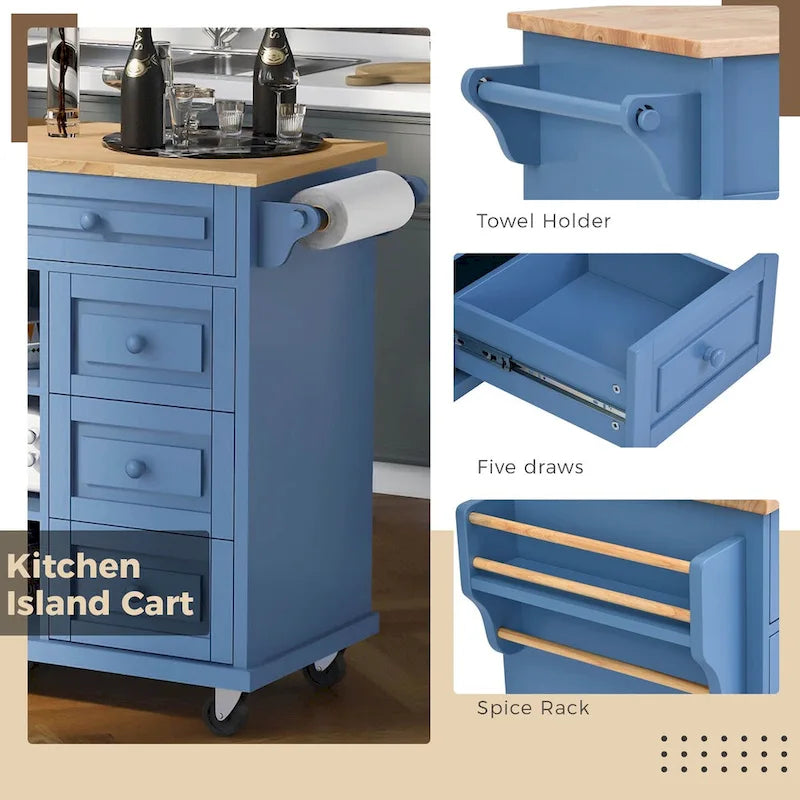 Kitchen Cart with Storage and 5 Drawers,Spice Rack,Towel Holder ,Rubber Wood Desktop Rolling Mobile Kitchen Island