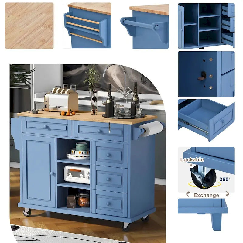 Kitchen Cart with Storage and 5 Drawers,Spice Rack,Towel Holder ,Rubber Wood Desktop Rolling Mobile Kitchen Island