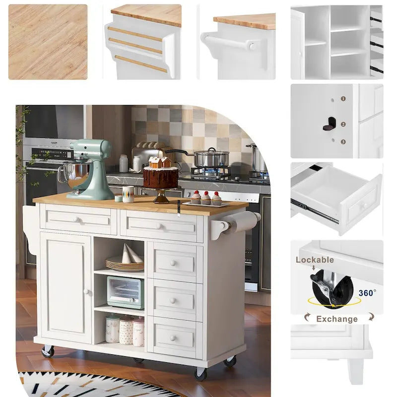 Kitchen Cart with Storage and 5 Drawers,Spice Rack,Towel Holder ,Rubber Wood Desktop Rolling Mobile Kitchen Island
