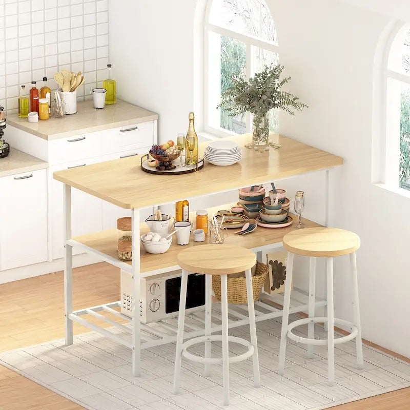Mieres Kitchen Island with 2 Stools and Open Shelves