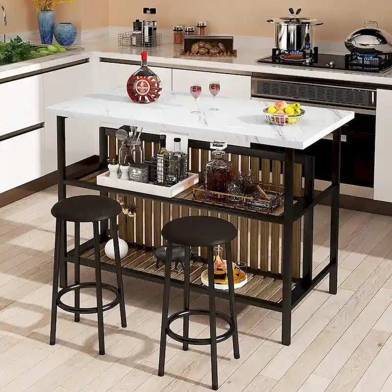 Mieres Kitchen Island with 2 Stools and Open Shelves