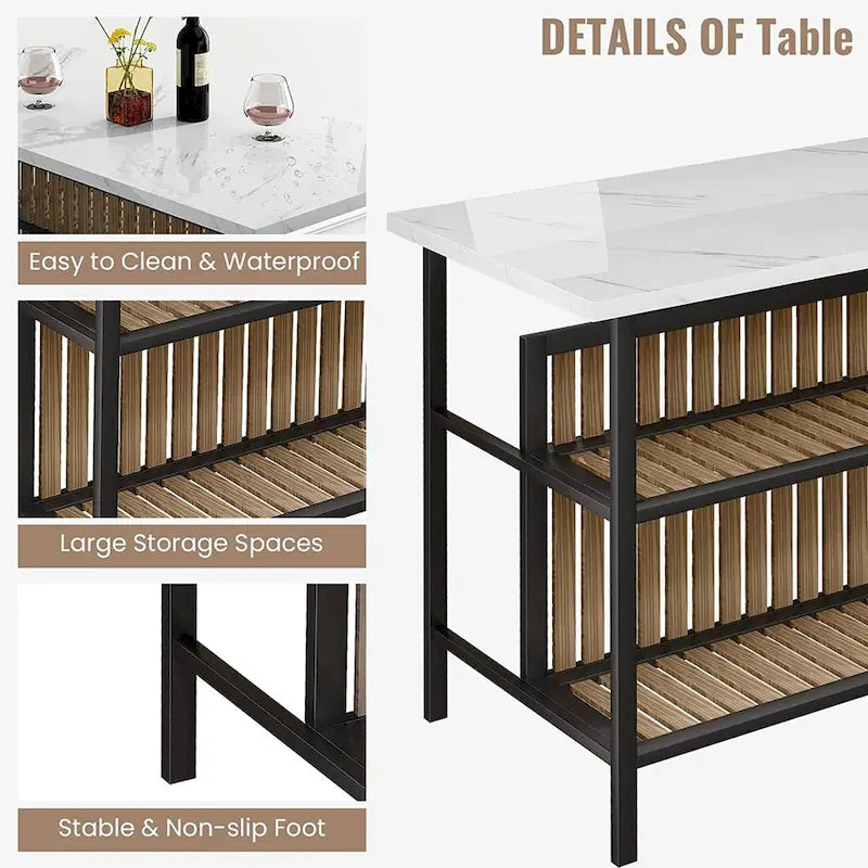 Mieres Kitchen Island with 2 Stools and Open Shelves