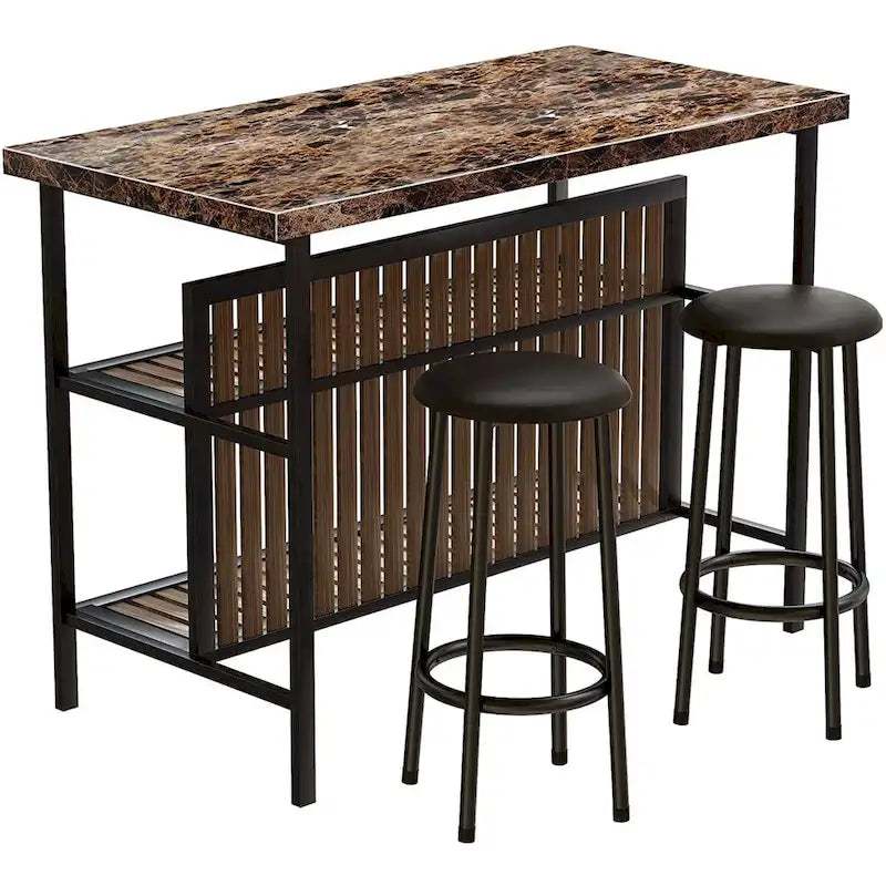 Mieres Kitchen Island with 2 Stools and Open Shelves