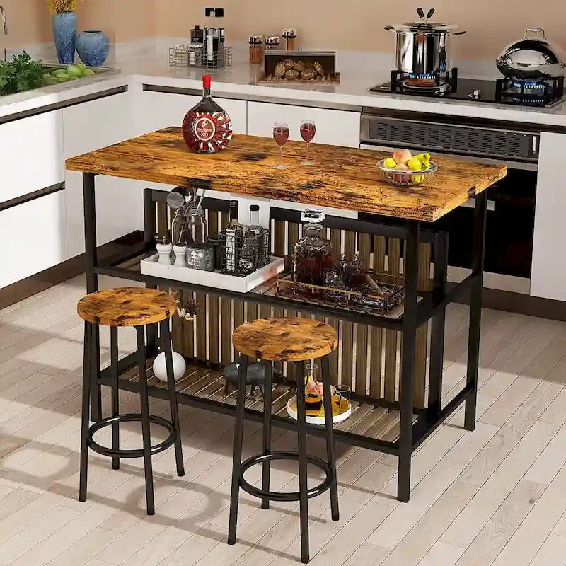 Mieres Kitchen Island with 2 Stools and Open Shelves