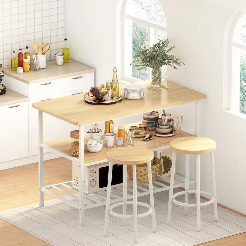 Mieres Kitchen Island with 2 Stools and Open Shelves