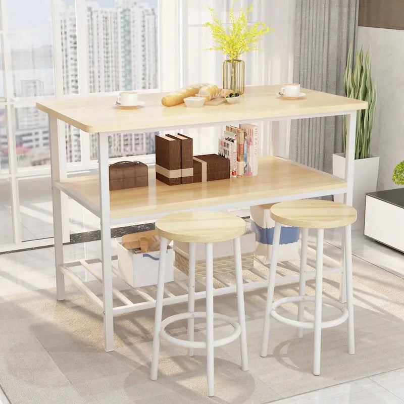 Mieres Kitchen Island with 2 Stools and Open Shelves