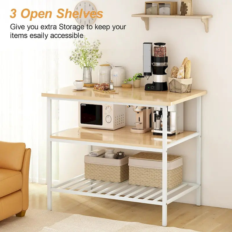 Mieres Kitchen Island with 2 Stools and Open Shelves