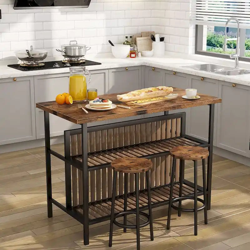 Grondin Mid-Century Modern 3-Piece Faux Marble Top Kitchen Island Set with 2 Stools and Shelves - N/A