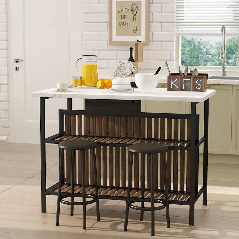 Grondin Mid-Century Modern 3-Piece Faux Marble Top Kitchen Island Set with 2 Stools and Shelves - N/A