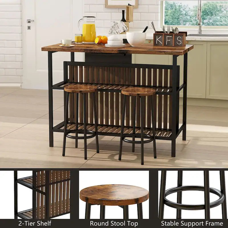 Grondin Mid-Century Modern 3-Piece Faux Marble Top Kitchen Island Set with 2 Stools and Shelves - N/A