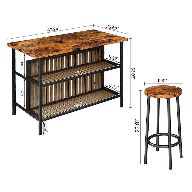 Grondin Mid-Century Modern 3-Piece Faux Marble Top Kitchen Island Set with 2 Stools and Shelves - N/A
