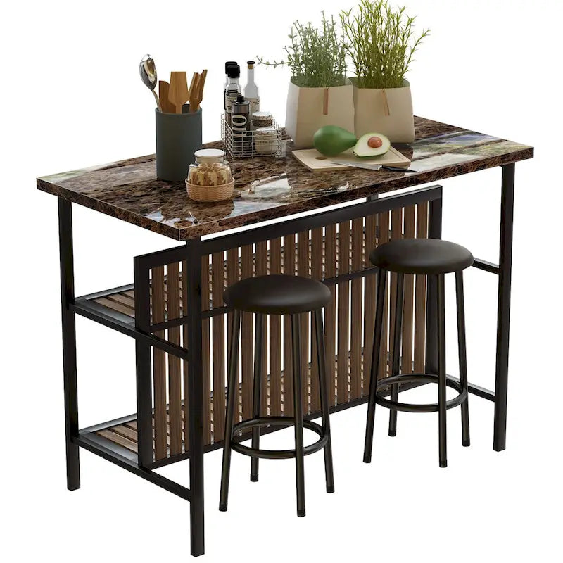 Grondin Mid-Century Modern 3-Piece Faux Marble Top Kitchen Island Set with 2 Stools and Shelves - N/A