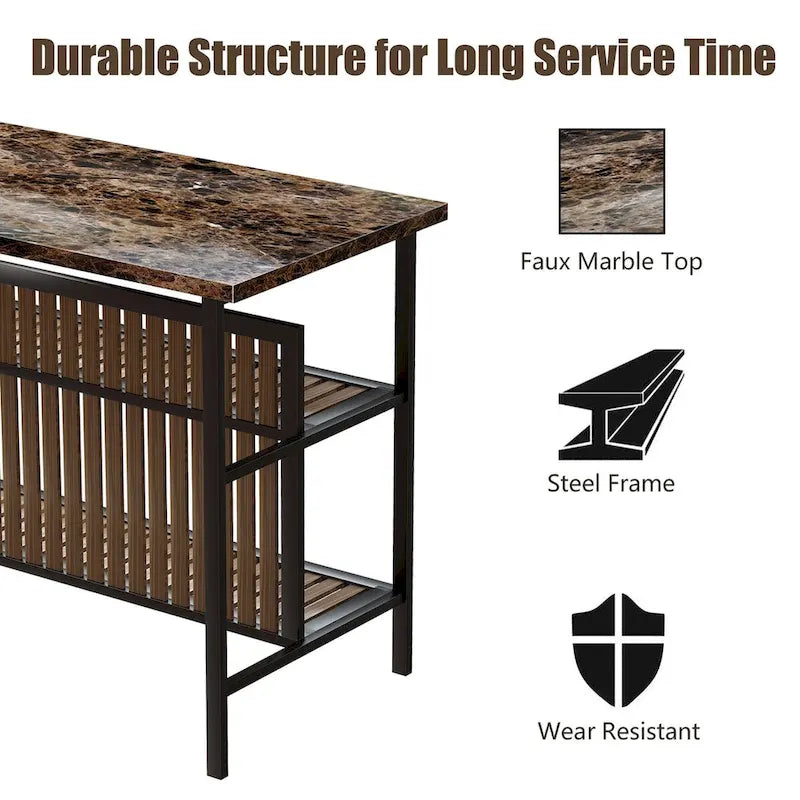 Grondin Mid-Century Modern 3-Piece Faux Marble Top Kitchen Island Set with 2 Stools and Shelves - N/A