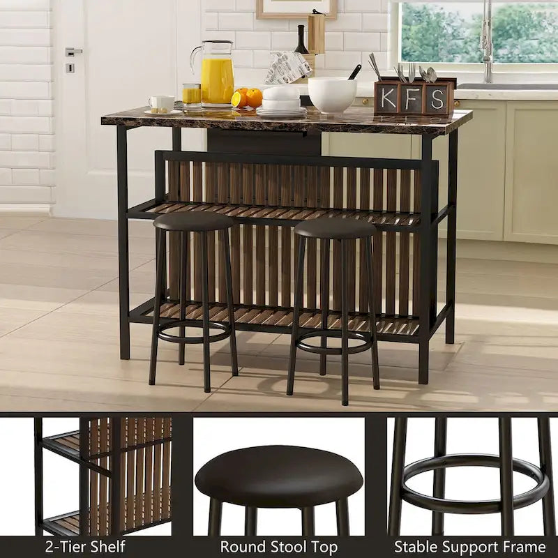 Grondin Mid-Century Modern 3-Piece Faux Marble Top Kitchen Island Set with 2 Stools and Shelves - N/A