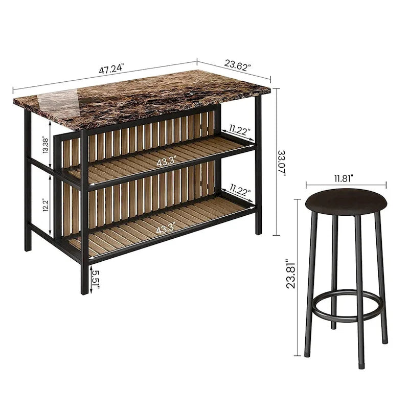 Grondin Mid-Century Modern 3-Piece Faux Marble Top Kitchen Island Set with 2 Stools and Shelves - N/A