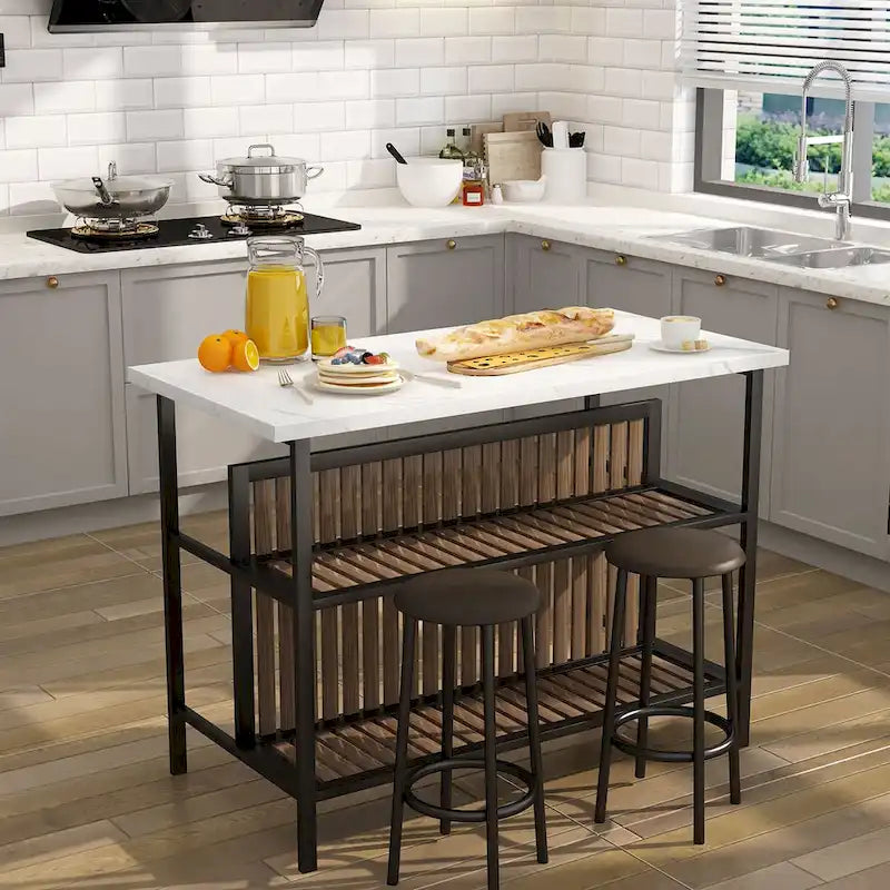 Grondin Mid-Century Modern 3-Piece Faux Marble Top Kitchen Island Set with 2 Stools and Shelves - N/A