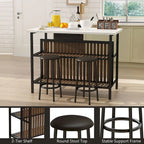 Grondin Mid-Century Modern 3-Piece Faux Marble Top Kitchen Island Set with 2 Stools and Shelves - N/A