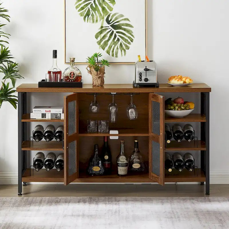 Industrial Wine Bar Cabinet, Liquor Storage Credenza, Sideboard with Wine Racks & Stemware Holder 55.12'w x 13.78'd x 30.31' h