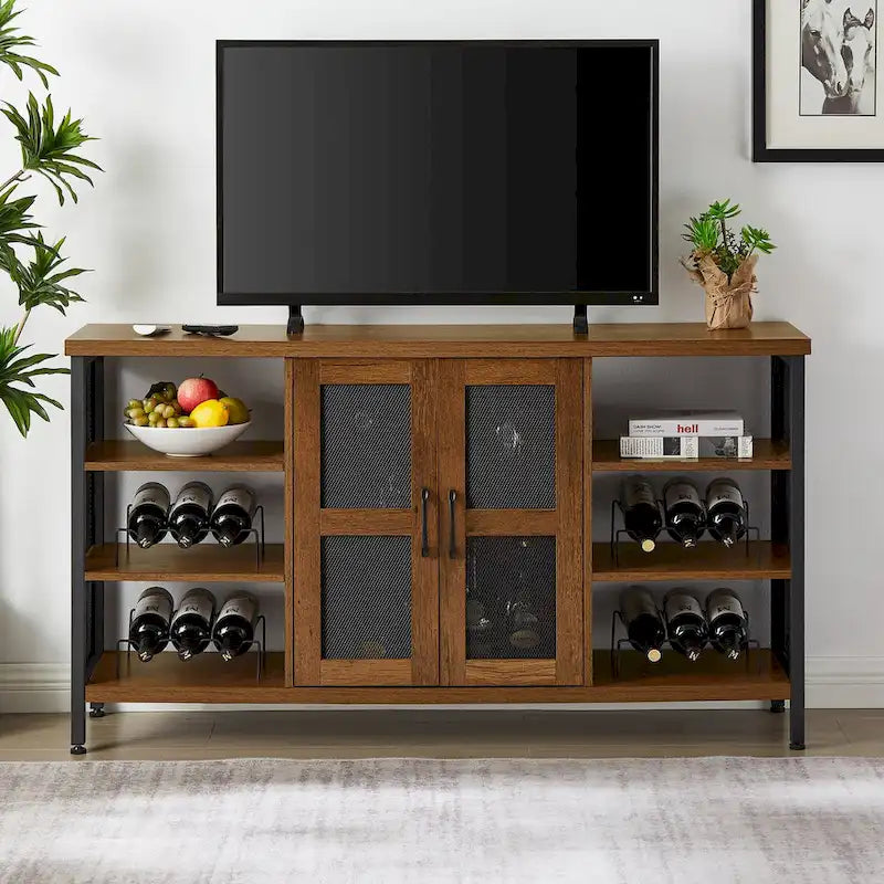 Industrial Wine Bar Cabinet, Liquor Storage Credenza, Sideboard with Wine Racks & Stemware Holder 55.12'w x 13.78'd x 30.31' h