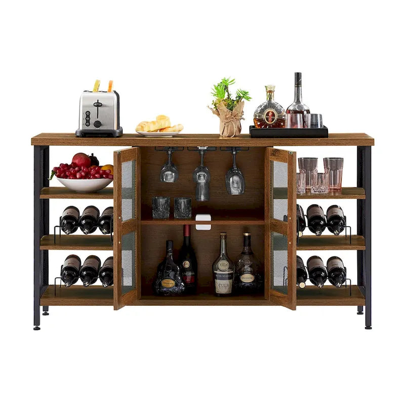 Industrial Wine Bar Cabinet, Liquor Storage Credenza, Sideboard with Wine Racks & Stemware Holder 55.12'w x 13.78'd x 30.31' h