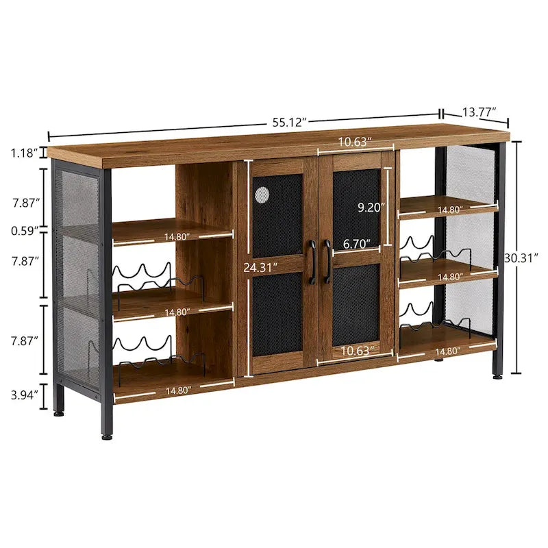 Industrial Wine Bar Cabinet, Liquor Storage Credenza, Sideboard with Wine Racks & Stemware Holder 55.12'w x 13.78'd x 30.31' h