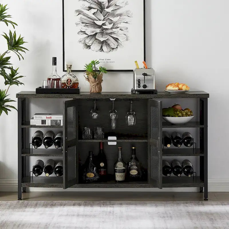 Industrial Wine Bar Cabinet, Liquor Storage Credenza, Sideboard with Wine Racks & Stemware Holder 55.12'w x 13.78'd x 30.31' h