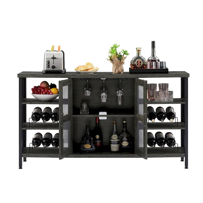 Industrial Wine Bar Cabinet, Liquor Storage Credenza, Sideboard with Wine Racks & Stemware Holder 55.12'w x 13.78'd x 30.31' h