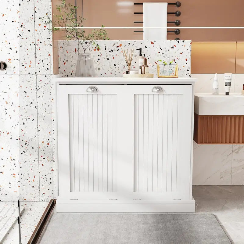 33 White Tilt-Out Laundry Sorter Cabinet with Two-Compartment